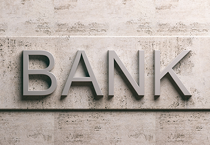 Bank sign on a marble background. 3d illustration